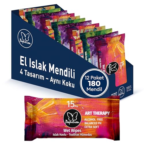 Seyahat Mendilleri – 12'li Paket (180 Mendil), Sanat Terapisi Tasarımı, Çocuklar için Nazik ve Eğlenceli El Mendilleri, Okul Çantaları, Araba Yolculukları ve Her Yerde Hızlı Temizlikler için