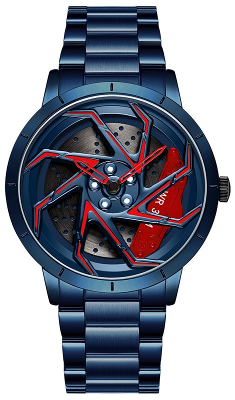 Image of FANMIS Men's Racing Car Wheel Watch 3D Spinning Dial Stainless Steel Watch | Creative 3D Spinning Car Quartz Large Skeleton Face and 30M Water Resistance Designed for Car Fans and Daily Wear.