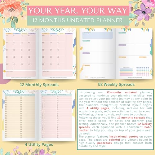 Image of LAURET BLANC 12Months Undated Planner, 12 Monthly Spreads, 52 Weekly Spreads, Habit Tracker, Utility Pages, Paperback (Bloom Where You Are Planted)