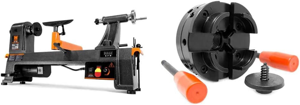 WEN 34035 6-Amp 14-Inch by 20-Inch Variable Speed Benchtop Wood Lathe & LA4444 4-Inch 4-Jaw Self-Centering Chuck Set with 1-Inch x 8TPI Thread
