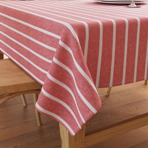 Image of Encasa XO Cotton Rectangular Table Cloth for 6 to 8 Seater | (140x230 cm) | Roma Red Stripes | Dining Tablecloth for Decoration