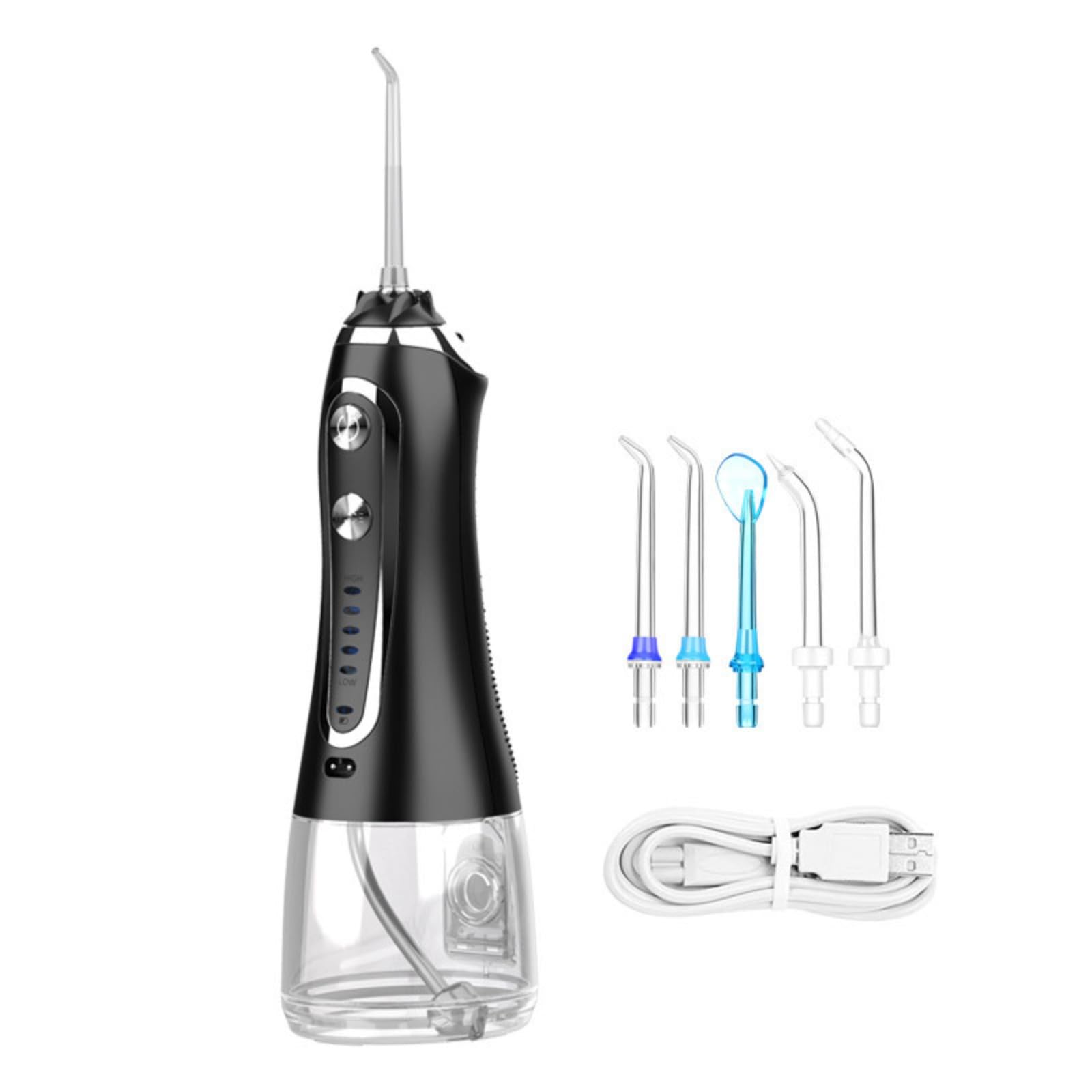 Hidropulsor eléctrico portátil, irrigador oral inalámbrico portátil de 300 ml, carga USB, 5 boquillas, 5 modos de pulso, sellado IPX7, un clic para renovar la salud bucal