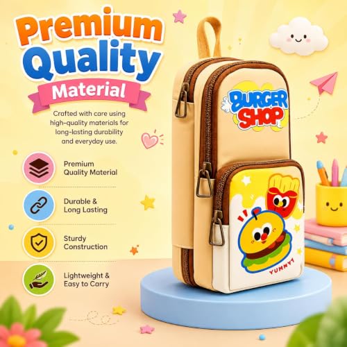Image of Invite Enterprise Double Zipper Pencil Pouch for Kids | Large Capacity Stationery Organizer | Multi-Compartment Pencil Case for School, Office & Travel | Cute Food Theme Design