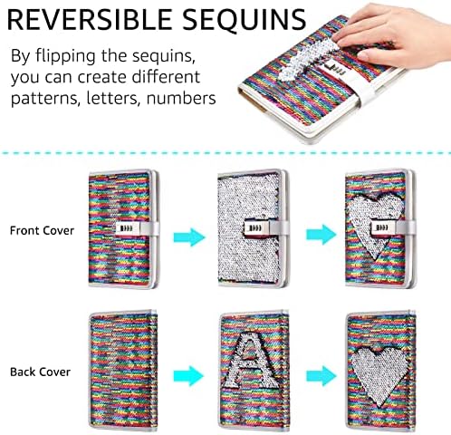VIPbuy A5 Lined Refillable Diary with Combination Lock Pen Holder and Card Slots, DIY Reversible Sequin Personalised Journal Notebook for Women Girls Birthday Gifts (Rainbow to Silver)