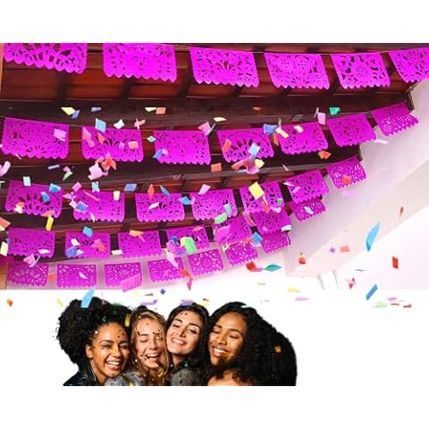 Pink Flag Banner, 5 Pack Pink Papel Picado Banners, Fiesta Party Supplies Over 60 Feet Long, Vibrant Pink Tissue Paper Garlands WS600 Cover