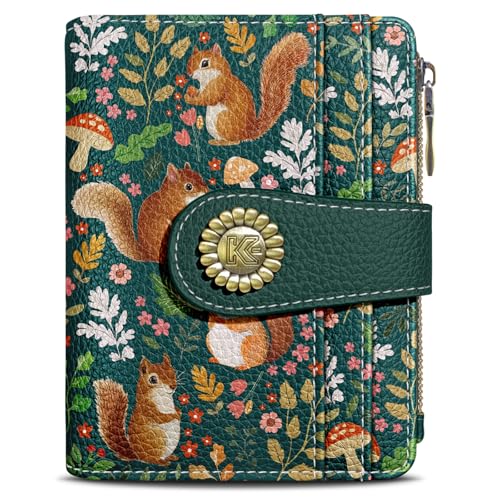 Kelvoris Cute Squirrels Small Rfid Women Wallet Bifold Zipper Coin Pocket PU Leather Compact Cash Credit Card Holder Travel Wallet for Female Ladies Teen Girls 1 ID Window 10 Card Slots