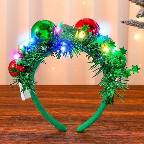 CAKURE LED Christmas Headband Green Light Up Christmas Ball Headbands Xmas Hair Hoop Holiday Party Costume Headwear Hair Accessories for Women