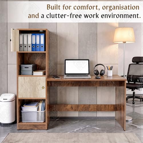 Image of ABOUT SPACE Study Table with Cabinet - Computer Table with 2 Open, 2 Closed Storage Space DIY Engineered Wood Office Desk for PC Laptop Gaming (Beige & Walnut - L 158.5 x B 56 x H 146.5cm)
