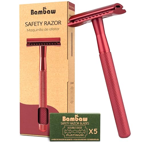 Image of Bambaw Single Blade Double Edged Safety Razor with 5 Blades, Durable Metal Razor for Men & Women, Reusable & Plastic Free Double Edge Safety Razors for Men - Red