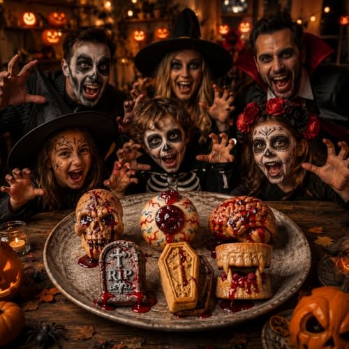 Image of HKNMTT Skull Cake Pizza Pan 6 Spooky Shapes Halloween Silicone Baking Mold | Skull Eyeball Fangs Tombstone Coffin Brain Cake Mold for Pizza Chocolate Musse Soap Ice Cubes Non-Stick Food Grade
