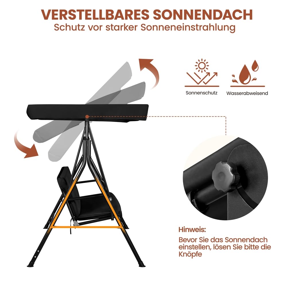 KOMFOTTEU 3-zits schommelbank, tuinschommel met zonnedak en rugleuning, schommelbank voor tuin, balkon, terras (bruin