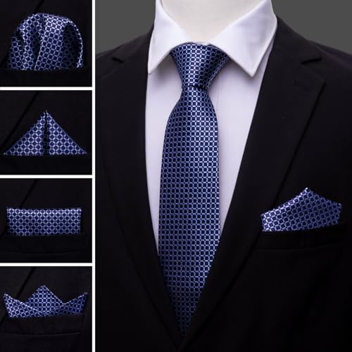 Image of Barry.Wang Mens Tie Set Plaid Check Neckties Formal Business Wedding Luxury Pocket Square Cufflinks