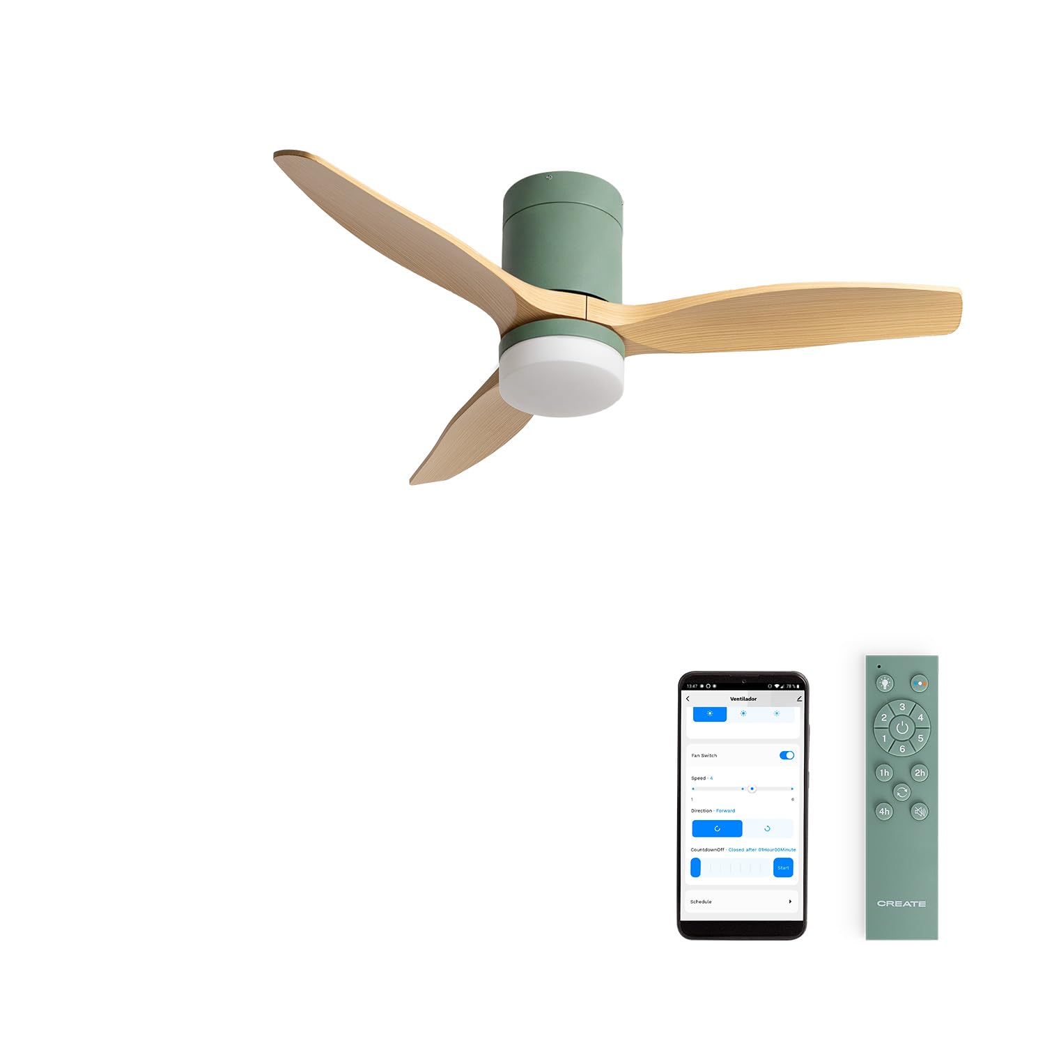 CREATE / WINDCALM S/Ventilador de techo ABS con luz verde sage efecto aspas madera clara con Wifi y mando / 40W, Silencioso, Ø112 cm, 3 temperaturas de luz, temporizador, función verano-invierno