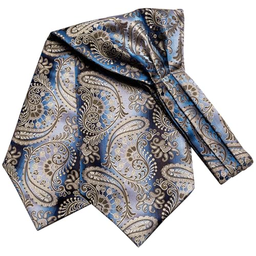 Image of Hi-Tie Silk Ascot for Men Self Tie Men's Cravat and Flower Lapel Pin Handkerchief Cufflinks Set for Wedding Party
