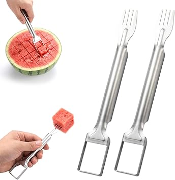 Watermelon Cutter, 2-in-1 Watermelon Slicer with Fork, Stainless Steel Fruit Cutter for Watermelon Cubes, Portable Watermelon Slicer for Home, Kitchen, Picnic & Party 2PC