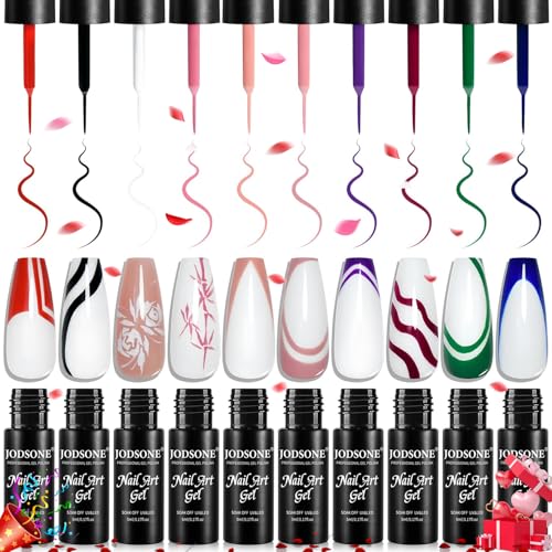 Image of JODSONE Nail Art Gel Liner Set 10 Colors White Red Black White Gel Nail Polish Need U V Lamp Cured with Thin Brush,Gifts for Women