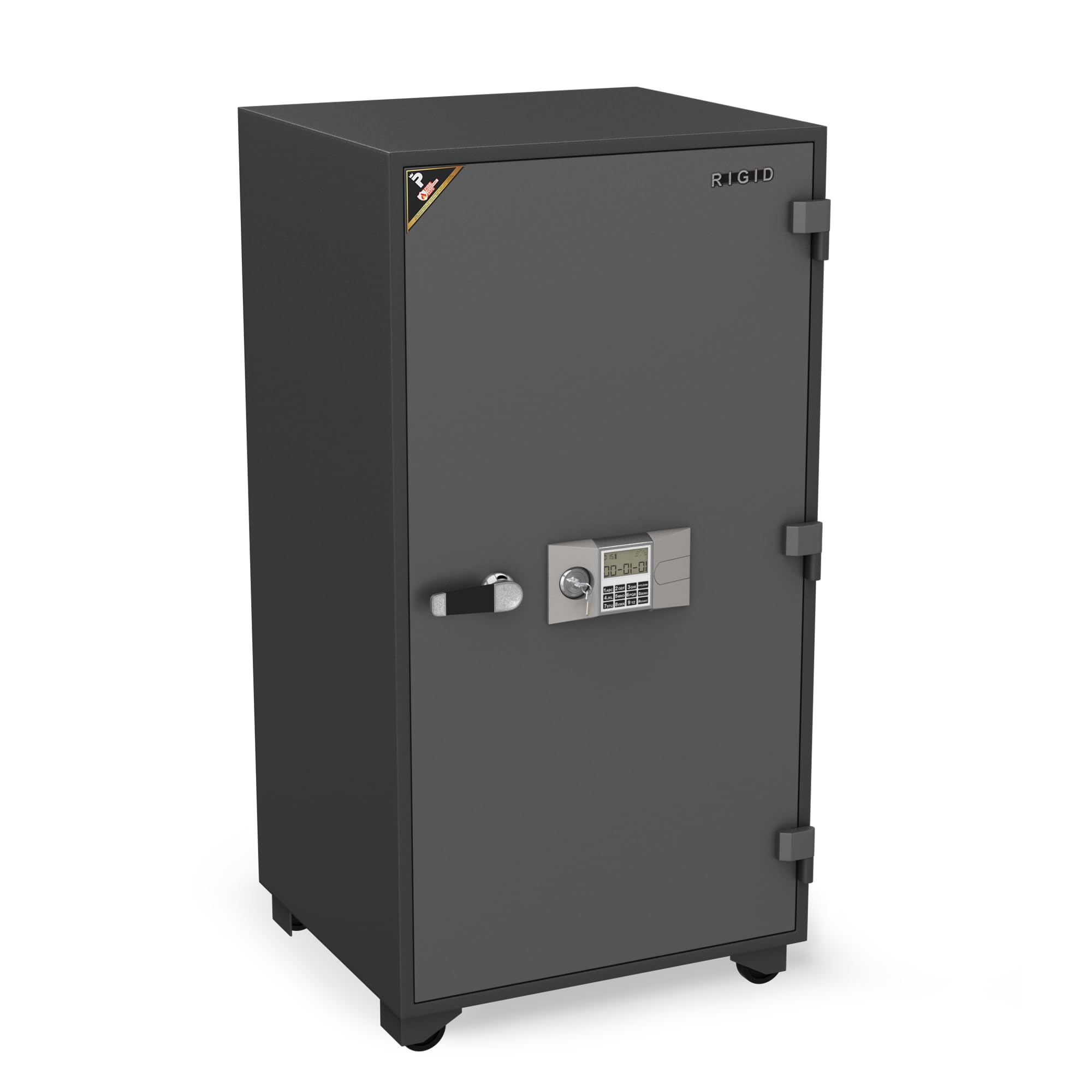 RIGID 210L Fire Resistant Safe | 60 Min/945°C NT FIRE 017 Rated | Digital & Key Lock with Alarm, Drawer & Wheels | 5-Layer Protection, 2 Adjustable Shelves for Office, Home (57D x 65W x 127H CM, Grey)