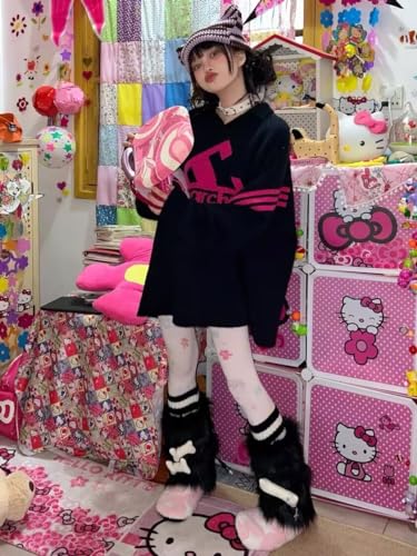 Furry Leg Warmers for Women 3in1 Kawaii Star Bone Plush Y2K Leg Socks Pink Lolita Faux Fur 80s Harajuku Punk Gothic3