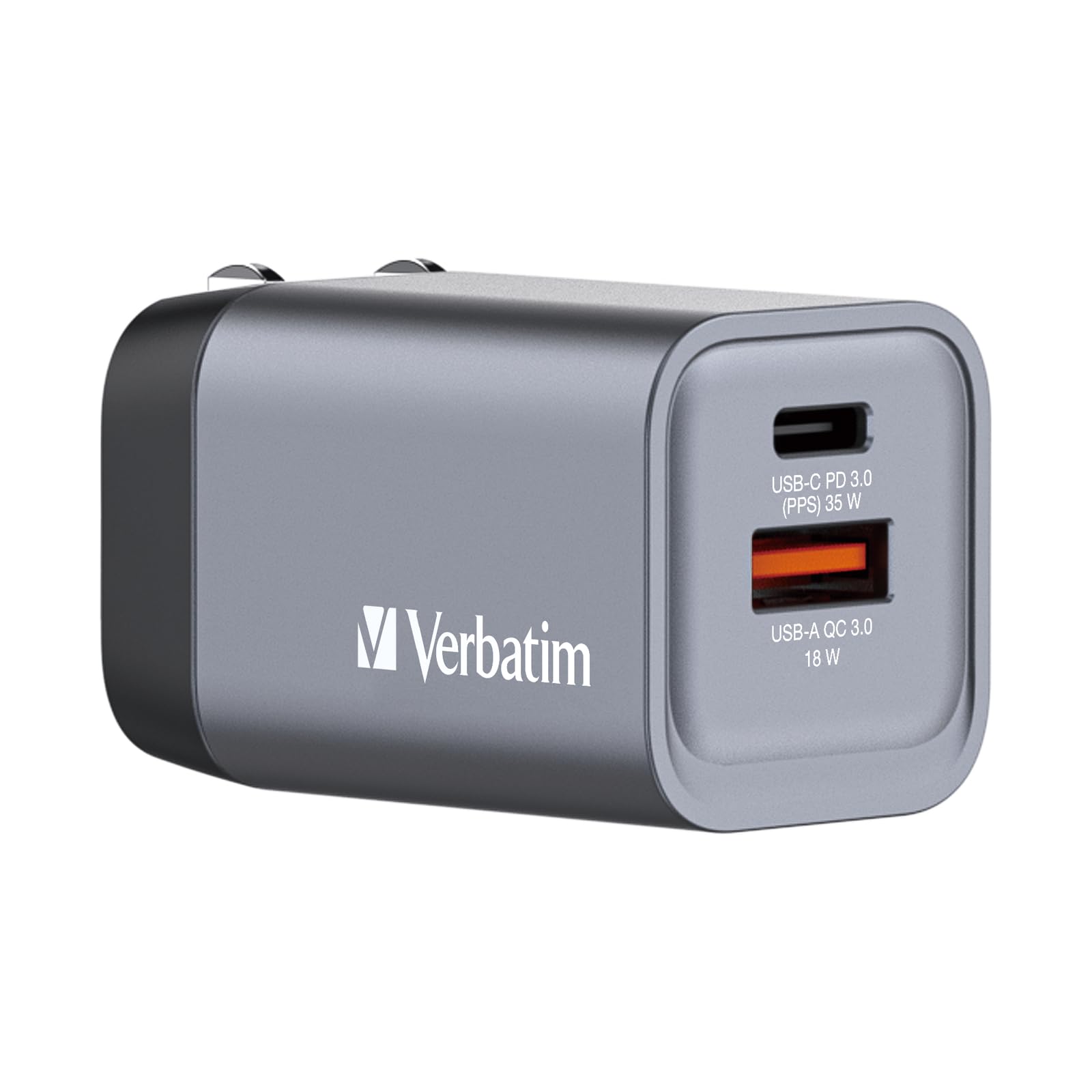 Verbatim GaN Charger 35 W, 2 Ports USB-C Ladegerät, Power Adapter mit USB-C und USB-A, Schnellladegerät als Mehrfachstecker, für Apple iPad, iPhone, Samsung und Co