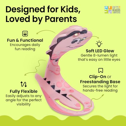 Image of Gifts for Readers & Writers Book Light for Kids, Clip On Reading Light for Bed, 2in1 Flexilight Pals & Bookmark, Small & Lightweight with a Soft Glow, 2 Batteries Included, Dino Pink