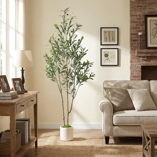 Alupssuc 5ft Olive Trees Artificial Indoor & Outdoor, Faux Olive Tree with Lively Artificial Trunk and Lifelike Fruits, Fake Potted Tree for Modern Home Office Living Room Decor - Image 5
