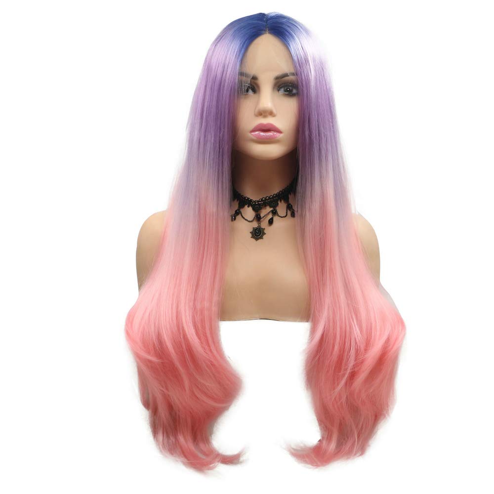 RainaHair 26inch Colorful Wigs Blue Roots Ombre Purple Pink Lavender Wig Natural