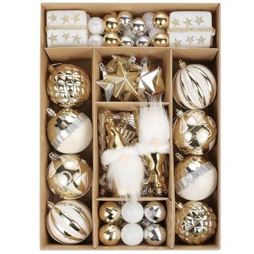 Christmas Ball Ornaments Set 68 ct White Gold Elf Theme Xmas Assorted Ornament Shatterproof Decorative Hanging Ball Ornament for Party Wedding Christmas Tree Decoration