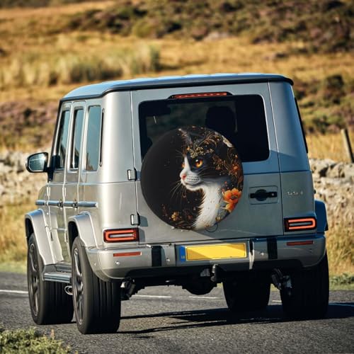Image of Abstract Cat with Floral Spare Tire Cover Weatherproof Universal Wheel Protectors Halloween Wheel Covers for Rv Camper Travel Trailer SUV Truck 17 Inch