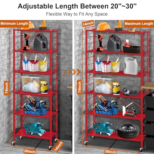 Image of Himix 6-Tier Expandable Storage Shelves Wheels Foldable Shelf Garage Red | Folding shelving units, Metal collapsible organization, Changeable into 2 shelf units, Adjustable, Basement, Holds 3600 Ibs