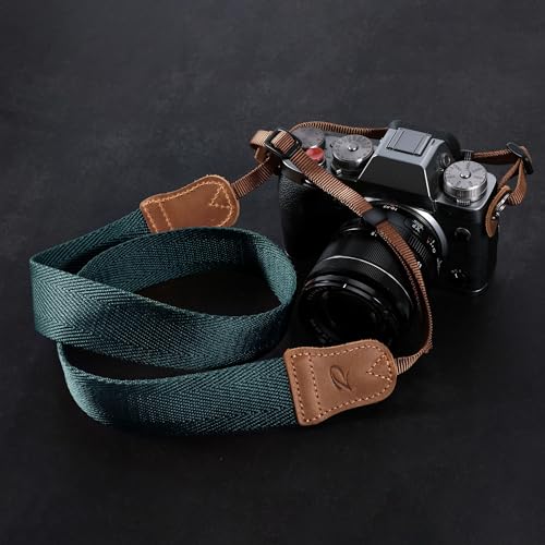 Padwa Lifestyle Dunkelgrün Kameragurt - 1.5' Breite verrückte Pferd Kuhfell Kopf Kameragurte, reine Baumwolle gewebte verstellbare Schulter-Nacken-Gurt für DSLR-Kameras, Großes Geschenk für Fotografen