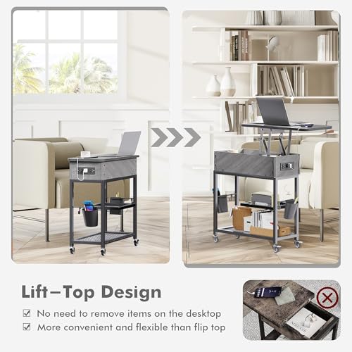 Image of Colima Lift Top End Table with Charging Station and Wheels, Gray