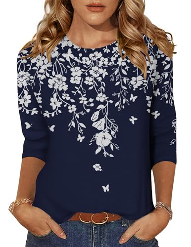 Zeagoo 3/4 Length Sleeve Womens Tops Elbow Length Shirts Summer Crew Neck Floral Blouse XXL