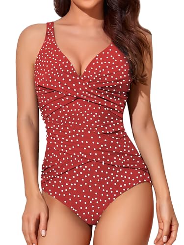 Image of Smismivo Tummy Control Swimsuits for Women Slimming One Piece Bathing Suit Retro Ruched Push Up Vintage Padded Swimwear