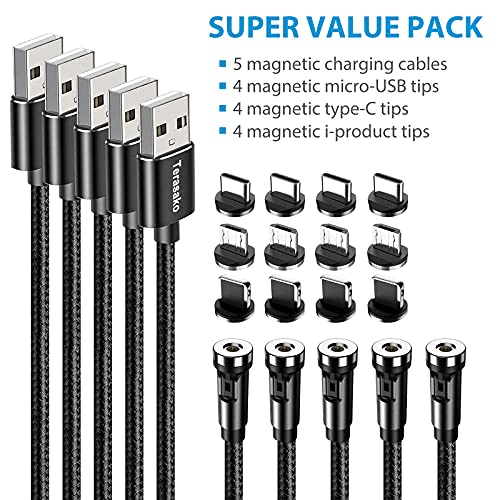 Terasako Magnetic Charging Cable 5-Pack (3/3/6/6/10Ft) - 540° Rotating Magnetic Phone Charger Cable With Led Light - 90° Angle Connector, Nylon-Braided Cords (Black) #TOP5