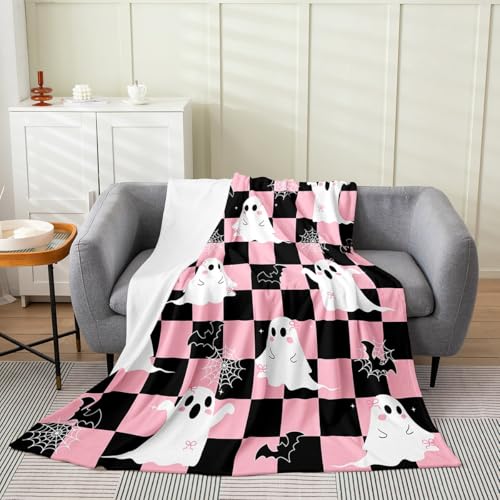 Erosebridal Black Pink Halloween Fleece Blanket Throw 50x60 Kawaii Bowknot Ghost Flannel Blanket Gothic Spider Web Bat Fuzzy Plush Throw for Kids Boys Girls Halloween Checkered Decor for Bed Couch