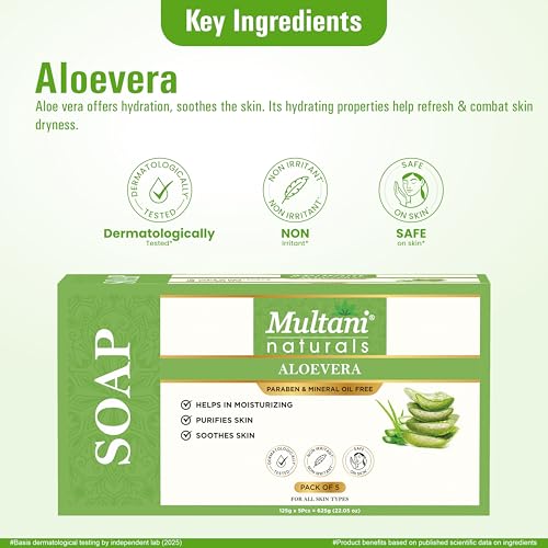 Image of Multani Natural Aloe Vera Soap For Bath (125 Gm - Pack Of 5) | Helps In Reducing Acne | For Deep Hydration & Glow | For Pigmentatio & Sun Damage | Helps Rejuvenate Dull & Tired Skin | Paraben Free | Clinically Tested | For All Skin Types | Soap Bar For Men & Women