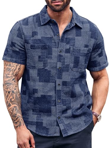 Runcati Mens Denim Shirts Short Sleeve Patchwork Button Down Casual Hippie Summer Jean Shirt