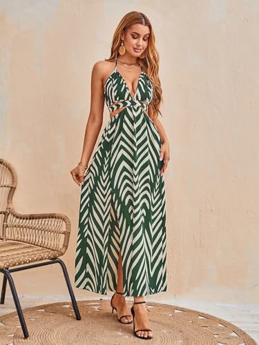 Image of SweatyRocks Women's High Split Tie Backless Cut Out Halter Maxi Dresses Boho Vacation Long Dress