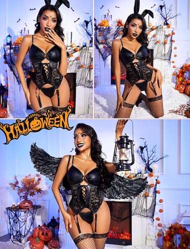 Image of GirlFriend Womens Lingerie Faux Leather Lingerie Lace Teddy Bodysuit Corset with Garter Belt Babydoll Lingerie Bikini with Panty