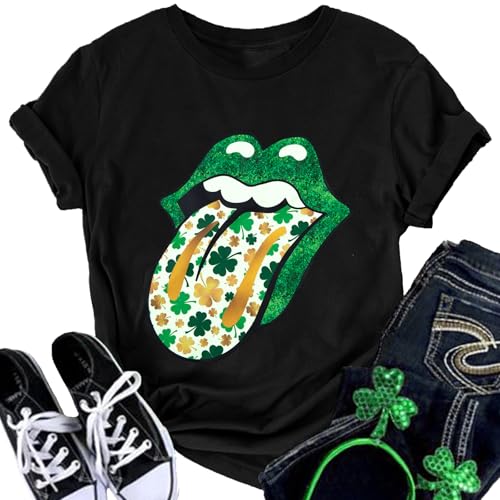 St. Patrick's Day Shirts for Women Shamrock Lip Tongue Tees St Patty's Lucky Tshirt Irish Short Sleeve Tops, Black, S