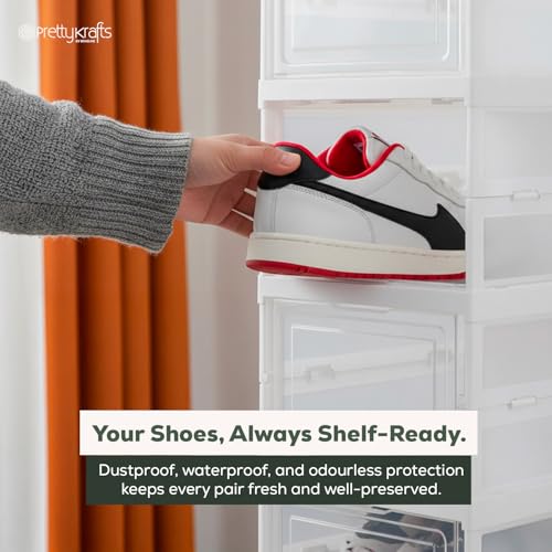 Image of PrettyKrafts 6-Tier Collapsible Shoe Rack with Door | Heavy Duty Plastic Sneaker Crates | Transparent Shoe Boxes | Sneaker Shoe Stand | Organiser for Heels, Boots, Loafers, Slippers (26 x35 x 90 cm)