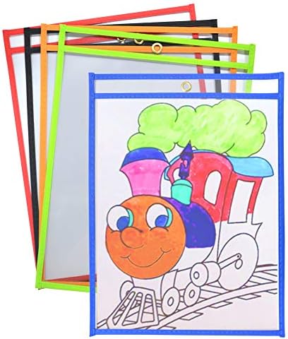 Eamay Dry Erase Ticket Holder Pockets 10 x 13, Both Sides Clear, Pack of 5, Reusable Plastic Paper Sleeves for Home or School Learning Activities