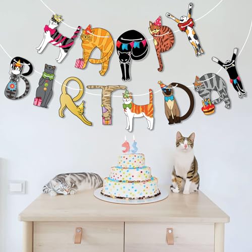 Image of Happy Birthday Cat Banner Garland - Cute Kitten Birthday Party Decorations for Kitten Lovers | Colorful Cat Themed Party Supplies for Kids, Girls, Boys | Funny Cats Breed Bunting Decor