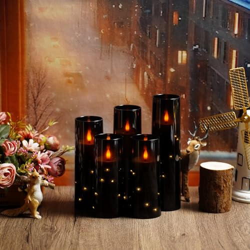 Image of kakoya Flameless LED Candles with Timer 5 Pc Flickering Flameless Candles for Romantic Ambiance and Home Decoration Stable Acrylic Shell,with Embedded Star String,Battery Operated Candles(Black)