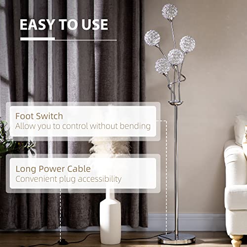 HOMCOM 5-Light Upright Floor Lamps for Living Room with K9 Crystal Lampshade, Modern Standing Lamp for Bedroom, (Bulb not Included), Silver HOMCOM 5-Light Upright Floor Lamps for Living Room with K9 Crystal Lampshade, Modern Standing Lamp for Bedroom, (Bulb not Included), Silver