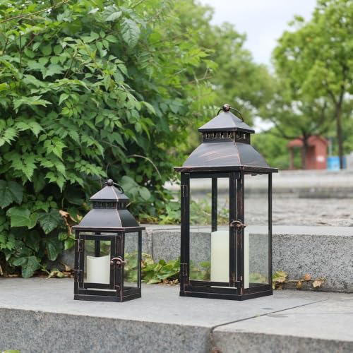 Image of NEEDOMO Bronze Metal Lanterns Decorative Outdoor & Indoor, Set of 4 (17 inch & 10 inch) with Glass, Candle Holder for Porch, Patio, Garden, Balcony, Wedding, Table Centerpiece Decorations