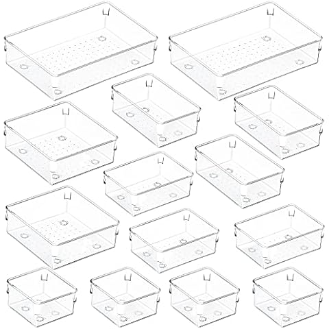 InnoGear 14 Packs Desk Drawer Organisers Makeup Drawer Organiser Fridge Trays Organizer with 4-Size Clear Plastic Storage Boxes Divider for Kitchen Bathroom Office Stationery Cover