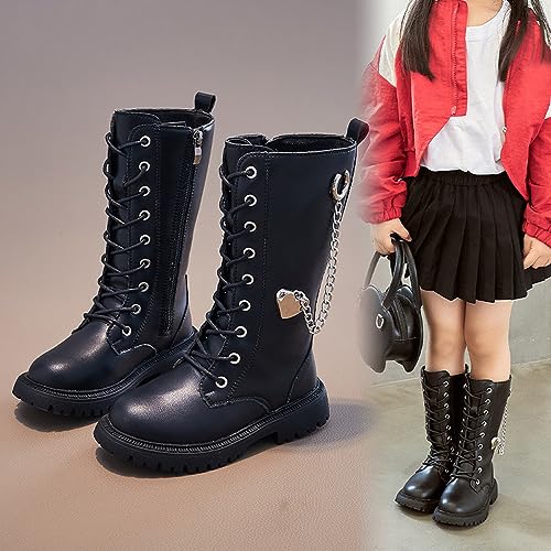 Kid's Girl's Waterproof Leather Lace-Up Zipper Mid Calf Combat Boots Outdoor Riding Boots Winter Boots Dress Princess Shoes(Toddler/Little Kid/Big Kid)2