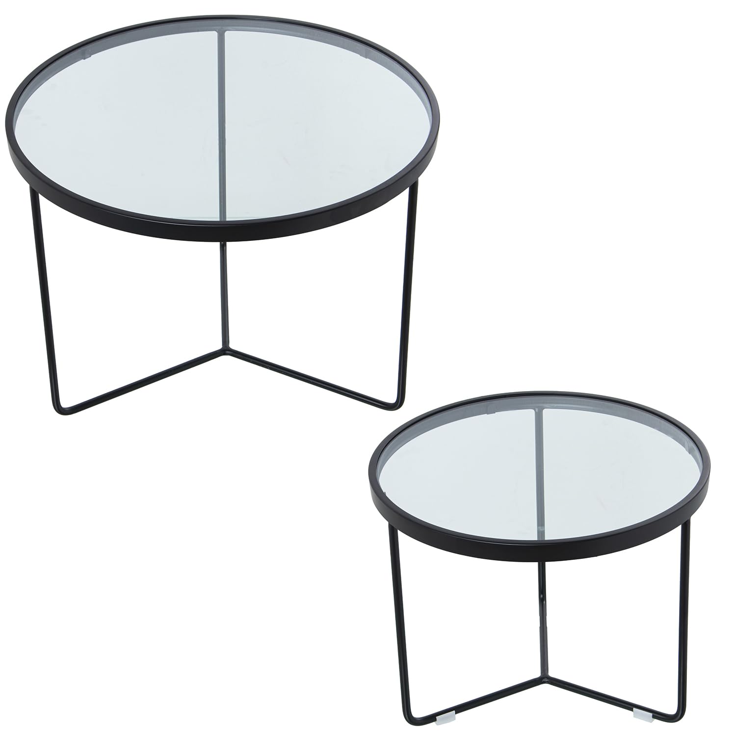 Set de 2 mesas Redondas de Metal y Cristal en Negro y Transparente 60x45 y 45x38cm