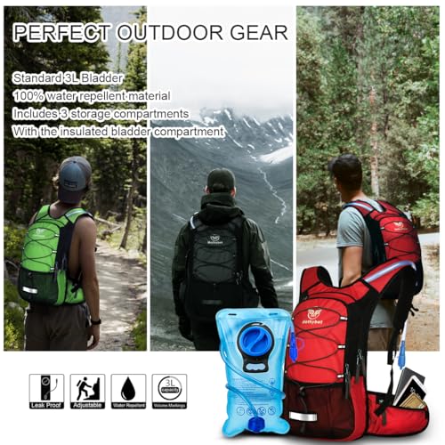 Image of Mothybot Insulated Hydration Backpack Pack with 3L BPA Free Leak Proof Water Bladder, Large Storage Lightweight Hiking Daypack with Waist Pouches & Cooler Layer, for Running, Biking, Camping, Festival